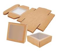 BENECREAT 18 Packs Brown Kraft Paper Gift Box With Clear Windows - 10.5x10.5x4cm Foldable Goodies Candy Dessert Box for Party Wedding Bakery Packaging