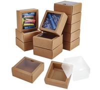 BENECREAT 20Pcs Square Paper Boxes with PVC Window, 8x8x3.5cm/3.15x3.15x1.38 Inch Paper Gift Packaging Box for Wedding Favor, Festival Gift, Chocolates, Cookies, Small Crafts