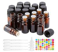 BENECREAT 24 PACK 5ml Amber Glass Bottle with Orifice Reducer Refille Empty Essential Oil Bottle with 10PCS Droppers, 4PCS Hoppers and 54PCS els for Aromatherapy Cosmetics Makeup