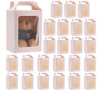 BENECREAT 24PCS Kraft Paper Gift Bags, 9.8x7x 5.1Inch Tote Paper Bags with Transparent Window, Gift Boxes for Store Retail Bridal Shower Present Festivals Party (Pink)