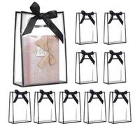 BENECREAT 24PCS PP Flower Bag, 18x8.1x26.15cm/7.1x3.2x10.3Inch Clear Plastic Gift Bags with Handles, Party Favor Bags with Ribbon for Birthday Wedding Bachelorette Party (Black)