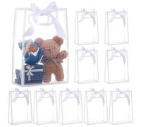 BENECREAT 24PCS PP Flower Bag, 7.1x3.2x10.3Inch Clear Plastic Gift Bags with Handles, Party Favor Bags with Ribbon for Birthday Wedding Bachelorette Party (White)