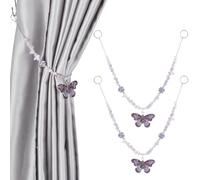 BENECREAT 2Pcs Natural Amethyst, Curtain Holdback Stone Ropes Curtain Tie Back Hooks with Alloy Enamel Butterfly and Iron Links for Home Office Cafe Balcony, 44.5cm