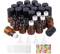 BENECREAT 30 Pack 1ml Amber Glass Roller Bottle with Black Mini Essential Oil Roll on Bottle with 4PCS Hoppers, 1PC Opener, 10 PCS Droppers and 1 Sheet Label for Aromatherap Essential Oil