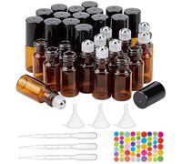 BENECREAT 30 PACK 3ml Amber Glass Roller Bottle with Black Mini Brown Essential Oil Roll on Bottle with 4PCS Hoppers, 1PC Opener, 10 PCS Droppers and 1 Sheet Sticker for Aromatherapy Fragrance
