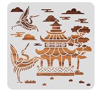 BENECREAT 30x30cm Oriental Theme Plastic Painting Templates, Pagoda Crane Pattern Drawing Stencils for Scrapbook Decoration DIY Crafts