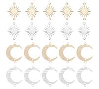 BENECREAT 32Pcs 4 Styles Raw Brass Charm Connectors, Golden Silver Color Moon & Sun Links with Double Hole for Bracelet, Necklace or DIY Jewelry Making Accessories
