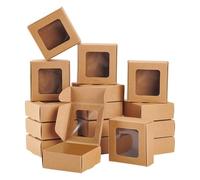 BENECREAT 36 Packs Kraft Paper Box with Clear Windows, 7.5x7.5x3cm