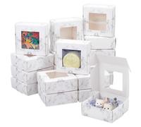 BENECREAT 36 Pcs Square Paper Boxes with Clear Window, 3x3x1.2 Inch/7.8x7.6x3.1cm Marble Printed Paper Packaging Box Foldable Gift Box for Birthday Party Wedding Graduation