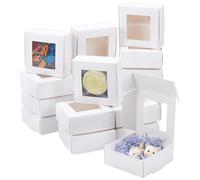 BENECREAT 36 Pcs Square Paper Boxes with Clear Window, 3x3x1.2 Inch White Paper Packaging Box Foldable Gift Box for Birthday Party Wedding Graduation Graduation