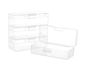 BENECREAT 4 Packs Rectangle Plastic Container Box, 16.3x6.6x4.6cm Clear Storage Organizer with Hinged Lid and Hanging Hole for Small Craft Accessories Office Supplies