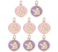 BENECREAT 8 Pcs Real 18K Gold Plated Brass Round Pendant, Purple & Pink Enamel Angel Fairy Charm with Jump Ring for Jewelry Making Necklace Bracelet DIY Crafts, 15.5x13x1.7mm