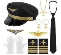 BENECREAT 8Pcs Pilot Costume Kit Complete Flight Attendant Accessories with Mixed Color Design for Halloween Party Role Play & Cosplay Events