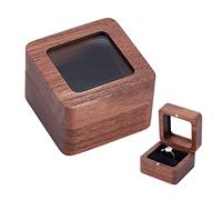 BENECREAT Square Wooden Ring Box with Window, Vintage Jewelry Storage Box Coconut Brown Wedding Ring Bearer Box for Proposal Birthday Marriage Engagement, 5.5x5.5x3.8cm