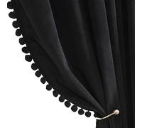 Benedeco Black Velvet Curtains for Bedroom Window with Pom Pom, Super Soft Luxury Drapes, Room Darkening Thermal Insulated Rod Pocket Curtain for Living Room, W52 by L90 inches, 2 Panels