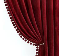 Benedeco Burgundy Velvet Curtains for Bedroom Window with Pom Pom, Super Soft Luxury Drapes, Room Darkening Thermal Insulated Rod Pocket Curtain for Living Room, W52 by L96 inches, 2 Panels