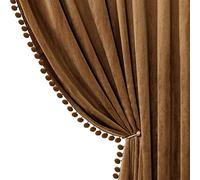 Benedeco Camel Velvet Curtains for Bedroom Window with Pom Pom, Super Soft Luxury Drapes, Room Darkening Thermal Insulated Rod Pocket Curtain for Living Room, W52 by L108 inches, 2 Panels