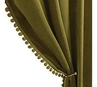 Benedeco Olive Green Velvet Curtains for Bedroom Window with Pom Pom, Super Soft Luxury Drapes, Room Darkening Thermal Insulated Rod Pocket Curtain for Living Room, W52 by L90 inches, 2 Panels