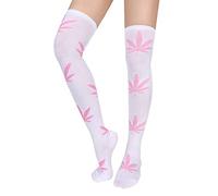 Benefeet Sox Girls' Long Over Knee Thigh High Socks Marijuana Weed Leaf Funny Crazy School Party Cosplay Custume Stockings, White+Pink Marijuana Leaf, Ladies' One Size(6-11)