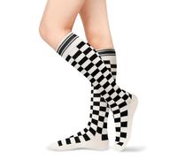 Benefeet Sox Knee High Socks for Women Girls Patterned Long Tube Socks Athletic Casual Cotton Stockings, White and Black Checkered, One size
