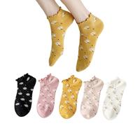 Benefeet Sox Ruffle Ankle Socks for Women Girls Cute Frilly Lettuce Short Socks Fun Novelty Patterned Casual Cotton Sock, 5 Pack-daisy(yellow,pink,black,white,khaki), One size