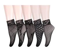 Benefeet Sox Women Girl Sheer Mesh Lace Sock Decorated Fishnet Loose Slouch Crew Socks See Through Nylon Ruffle Ankle Sock, Black Lace Side, Medium