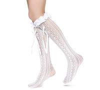 Benefeet Sox Womens Fishnet Knee High Socks White Black Lace Mesh Sexy Stockings Hollow Out Sheer Trouser Socks Calf Socks, White-satin Ruffle Bow, One size