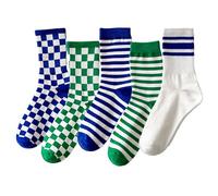 Benefeet Sox Womens Funny Crew Socks Girls Cute Patterned Dress Socks Cotton Funky High Ankle Sock Athletic Mid-calf Sock, 5 Pair-blue Green Checkered Stripe, One size