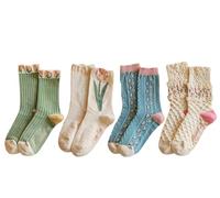 Benefeet Sox Womens Funny Crew Socks Girls Cute Patterned Dress Socks Cotton Funky High Ankle Socks Athletic Mid-calf Socks, 4 Pair-embroidered Tulip, One size