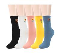 Benefeet Sox Womens Funny Crew Socks Girls Cute Patterned Dress Socks Cotton Funky High Ankle Socks Athletic Mid-calf Socks, 5 Pair-embroidered Sunflower, One size