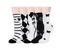 Benefeet Sox Womens Funny Crew Socks Girls Cute Patterned Dress Socks Cotton Funky High Ankle Socks Athletic Mid-calf Socks, 5 Pair-black White Bow Strawberry Argyle Stripe, One size