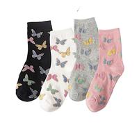 Benefeet Sox Womens Funny Patterned Crew Socks Girls Cute Novelty Cotton Dress Socks Funky Graphic Tube Sock, 4 Pair-butterfly, One size