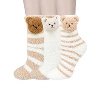 Benefeet Sox Womens Fuzzy Socks Girls Cute Slipper Sock Funny Fluffy Winter Warm Soft Cozy Plush Indoor Sleep Sock, 3 Pack-brown Striped 3d Bear, One size