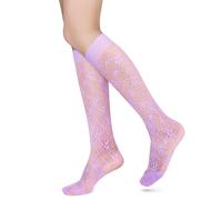 Benefeet Sox Womens Girls Cute Fishnet Knee High Socks Colorful Hollow Out Sheer Mesh Slouch Socks Sexy Lace Knee Highs Gifts, Purple, One size