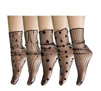 Benefeet Sox Womens Girls Sheer Mesh Decorated Tulle Socks Novelty Slouch Socks See Through Nylon Lace Loose Sock, Black-star Rose Polka Diamond Crack Stripe, One size