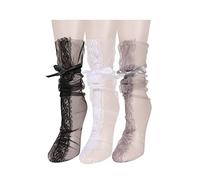 Benefeet Sox Womens Girls Sheer Mesh Socks See Through Slouch Socks Transparent Elegant Loose Socks Cute Lace Tulle Socks, 3 Pack-bowknot Lace Tie, Black White Grey, One size