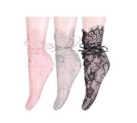 Benefeet Sox Womens Girls Sheer Mesh Socks See Through Slouch Socks Transparent Elegant Loose Socks Cute Lace Tulle Socks, 3 Pack-lace Flower Tie Bowknot, Black White Grey Pink, One size