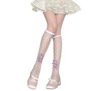 Benefeet Sox Womens Lace Knee High Socks Girls Ruffle Knee Highs Black White Mesh Fishnet Lace Stockings Kawaii Lolita Socks, White Lace Ruffle & Purple Bow, One size