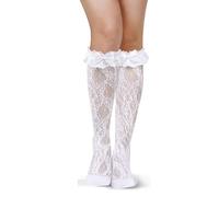 Benefeet Sox Womens Lace Knee High Socks Girls Ruffle Knee Highs Sexy Sheer Trouser Socks Black White Mesh Fishnet Stockings, White Lace Ruffle Bow, One size