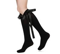 Benefeet Sox Womens Lace Ruffle Knee High Socks Girls Kawaii Lace Top Lolita Stockings Black White Cute Knee High Sock, Thin Black Ribbon Ruffle Bow, One size