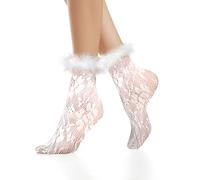 Benefeet Sox Womens Ruffle Fishnet Socks Fake Feather Cuff Mesh Lace Anklet Socks Girls Fancy Pretty Frilly Lolita Socks Gift, White, Medium