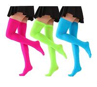 Benefeet Sox Womens Sexy Sheer Silk Thigh High Stockings Lace Top 20D Nylon Thin Long Socks Shimmery Stay Up Pantyhose Tights, 3 Pack-pink, Fluorescent Green, Blue, One size