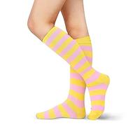 Benefeet Sox Womens Striped Knee High Socks Girls Funny Novelty Athletic Colorful Stripe Cute Stockings Tube Socks, Yellow Pink Stripe, One size