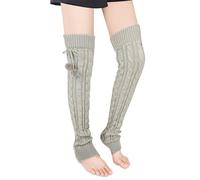 Benefeet Sox Wool Knit Leg Warmers for Women Vintage Boho Leg Warmers Long Winter Warm Thigh High Footless Boot Socks Gifts, Grey Crochet With Pom Pom, Medium