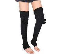 Benefeet Sox Wool Knit Leg Warmers for Women Vintage Boho Leg Warmers Long Winter Warm Thigh High Footless Boot Socks Gifts, Black Crochet With Pom Pom, Medium