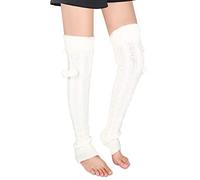Benefeet Sox Wool Knit Leg Warmers for Women Vintage Boho Leg Warmers Long Winter Warm Thigh High Footless Boot Socks, White Crochet With Pom Pom, M
