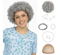 Benehair 10 Pcs Old Lady Costume Set Fancy Granny Costume Including Wig Dress Hairnet Necklaces, Bracelets Earrings Glasses Eyeglass Chains Socks Walking Stick Accessories for Halloween World Book Day