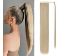 Benehair 28 Inches Straight Ponytail Extension Long Wrap Around Drawstring Ponytail Synthetic Hair Extension Ponytail Ash Blonde Hair Pieces for Women(Ash Blonde, 140g)