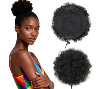 Benehair Afro Puff Drawstring Ponytail Real Human Hair Extensions for Black Women Girls Kids Black Kinky Fluffy Curly Drawstring Ponytail Hair Piece with 2 Clips Afro Bun Updo Hairpieces 6 Inch 40g