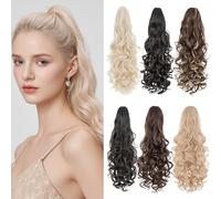 Benehair Claw Clip in Ponytail Hair Extensions 24 Inches Long Curly Wavy Ponytail Extensions Synthetic Drawstring Ponytail Hair Pieces for Women(Brown with Blonde Highlights, 210g)